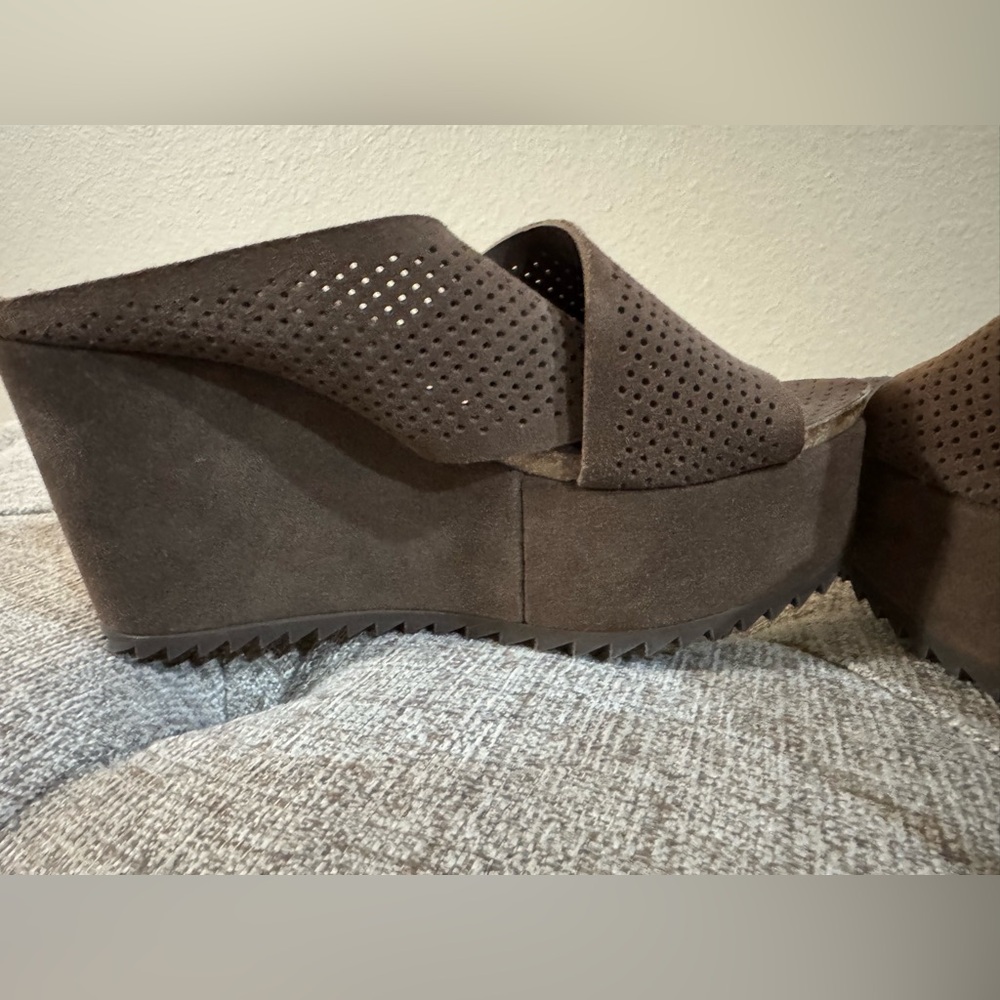 Pedro Garcia Brown Perforated Suede Platform Wedge Sandals - Picture 5 of 8